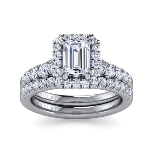 14K White Gold Halo Emerald Cut Diamond Engagement Ring