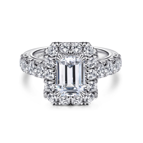 14K White Gold Halo Emerald Cut Diamond Engagement Ring