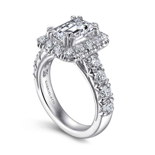 14K White Gold Halo Emerald Cut Diamond Engagement Ring