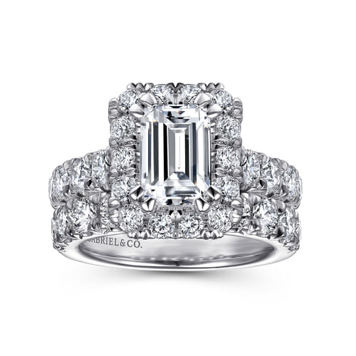 14K White Gold Halo Emerald Cut Diamond Engagement Ring