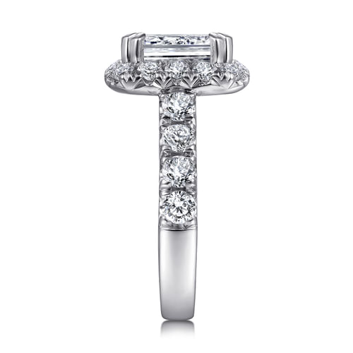 14K White Gold Halo Emerald Cut Diamond Engagement Ring