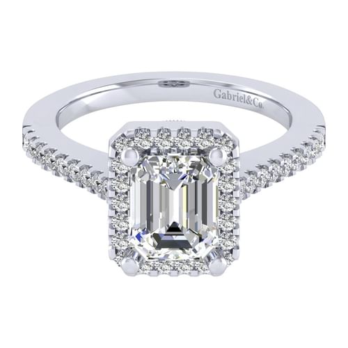 14K White Gold Halo Emerald Cut Diamond Engagement Ring