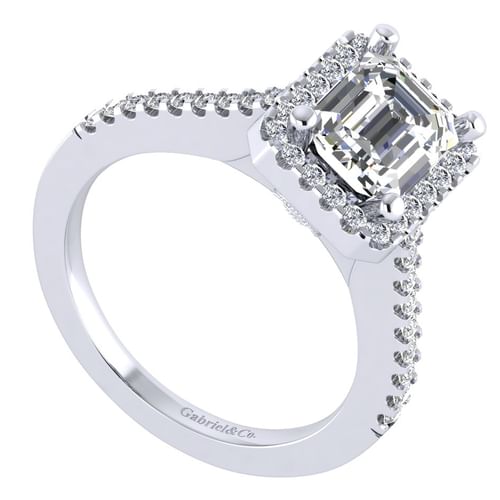14K White Gold Halo Emerald Cut Diamond Engagement Ring