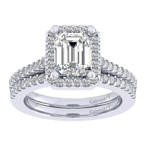 14K White Gold Halo Emerald Cut Diamond Engagement Ring