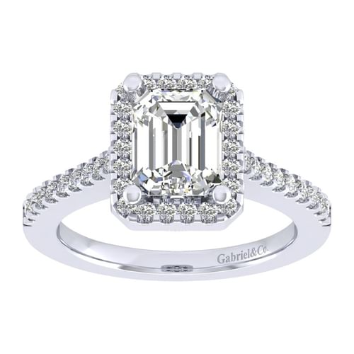 14K White Gold Halo Emerald Cut Diamond Engagement Ring