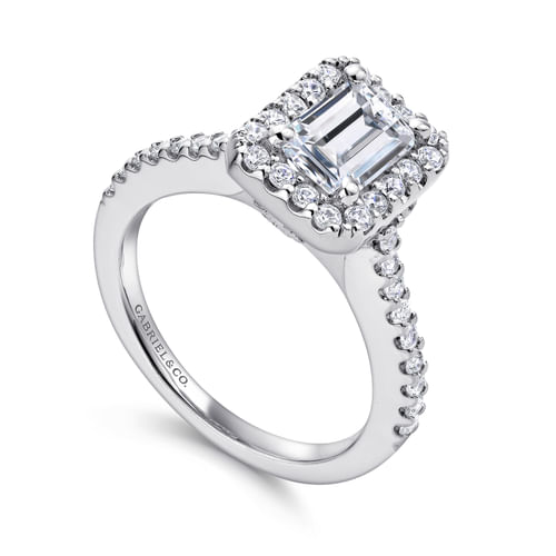 14K White Gold Halo Emerald Cut Diamond Engagement Ring