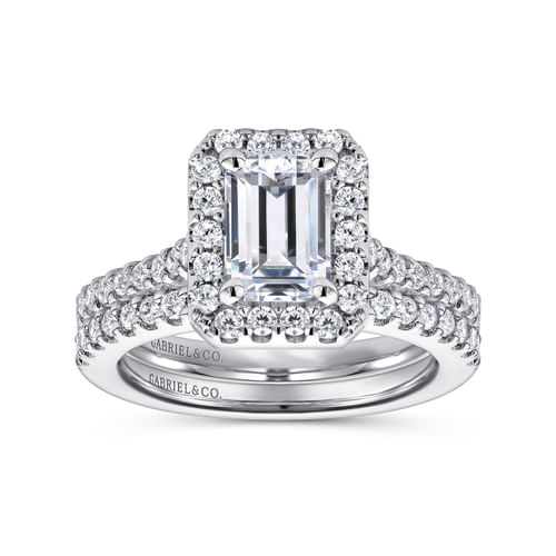 14K White Gold Halo Emerald Cut Diamond Engagement Ring
