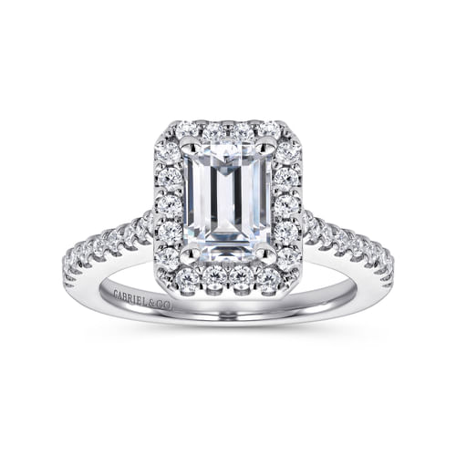 14K White Gold Halo Emerald Cut Diamond Engagement Ring