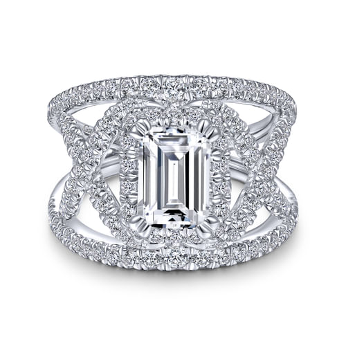 14K White Gold Halo Emerald Cut Diamond Engagement Ring