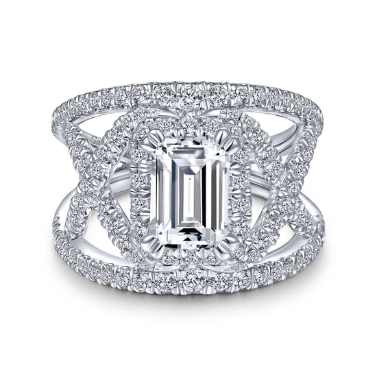 Gabriel - 14K White Gold Halo Emerald Cut Diamond Engagement Ring