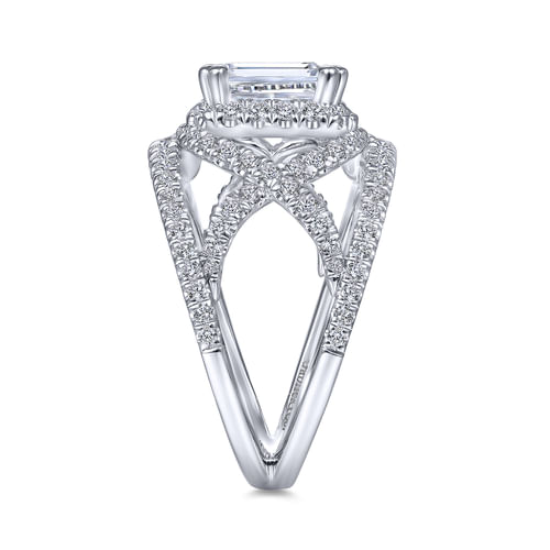 14K White Gold Halo Emerald Cut Diamond Engagement Ring