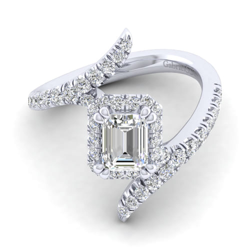 14K White Gold Halo Emerald Cut Diamond Engagement Ring