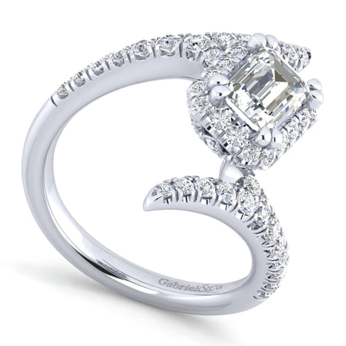 14K White Gold Halo Emerald Cut Diamond Engagement Ring