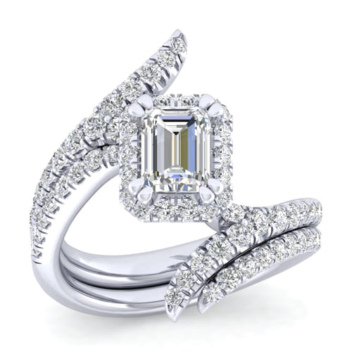 14K White Gold Halo Emerald Cut Diamond Engagement Ring