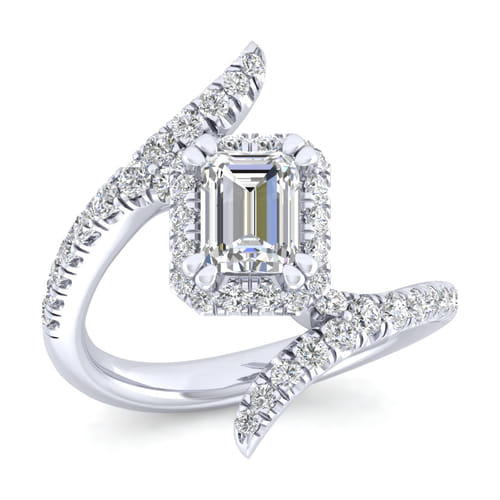 14K White Gold Halo Emerald Cut Diamond Engagement Ring