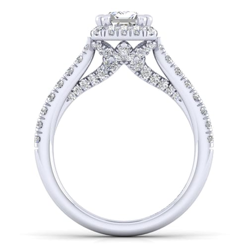 14K White Gold Halo Emerald Cut Diamond Engagement Ring