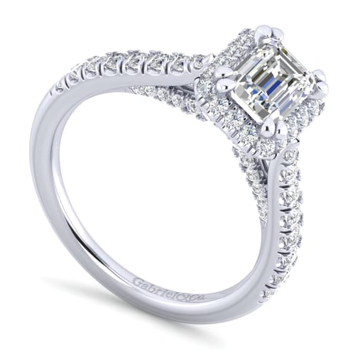 14K White Gold Halo Emerald Cut Diamond Engagement Ring