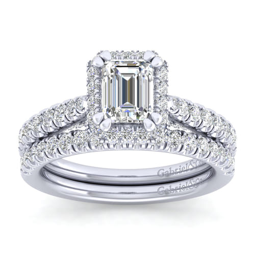 14K White Gold Halo Emerald Cut Diamond Engagement Ring