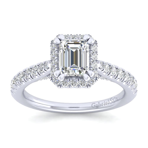 14K White Gold Halo Emerald Cut Diamond Engagement Ring
