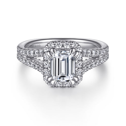 14K White Gold Halo Emerald Cut Diamond Engagement Ring