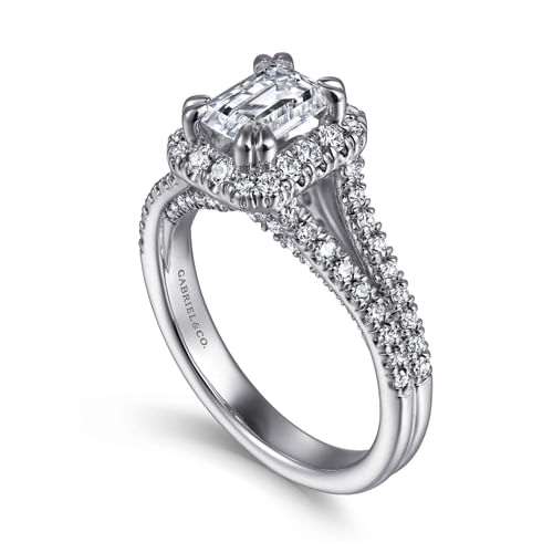 14K White Gold Halo Emerald Cut Diamond Engagement Ring