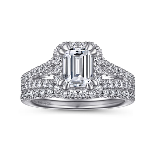 14K White Gold Halo Emerald Cut Diamond Engagement Ring