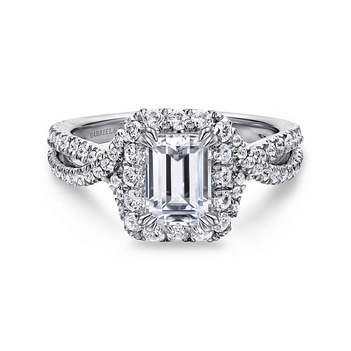 14K White Gold Halo Emerald Cut Diamond Engagement Ring