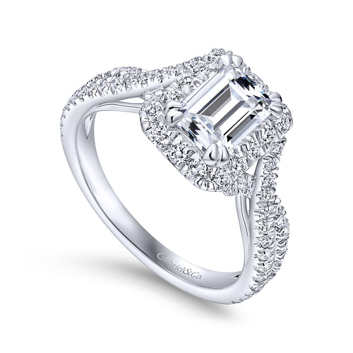 14K White Gold Halo Emerald Cut Diamond Engagement Ring