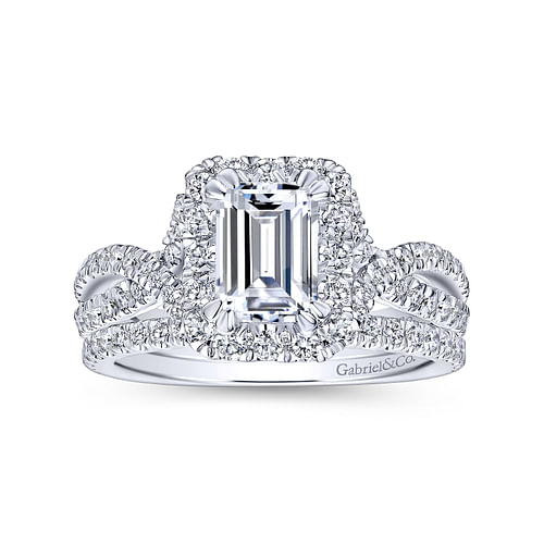 14K White Gold Halo Emerald Cut Diamond Engagement Ring