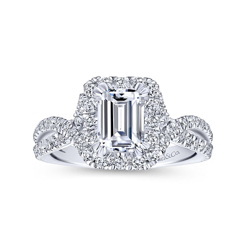 14K White Gold Halo Emerald Cut Diamond Engagement Ring