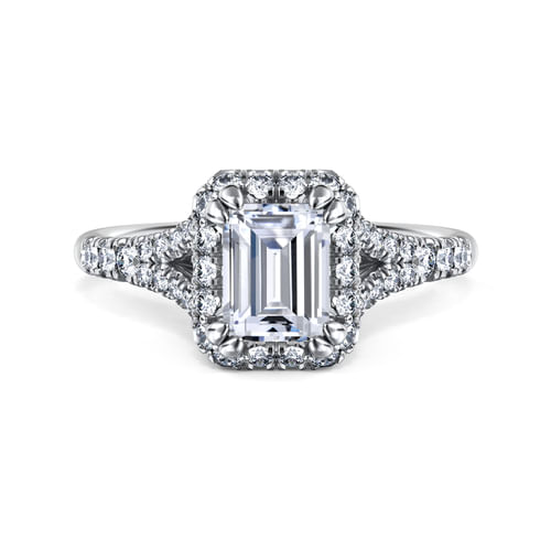 14K White Gold Halo Emerald Cut Diamond Engagement Ring