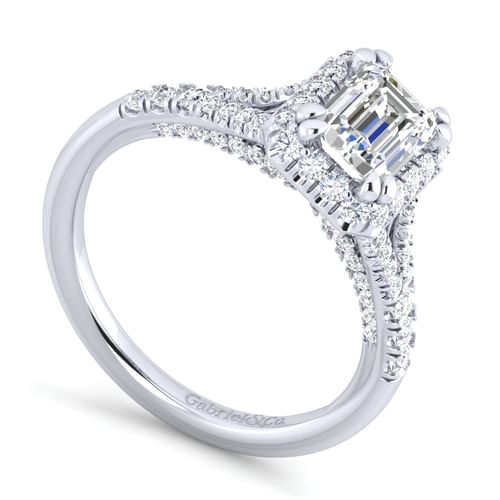 14K White Gold Halo Emerald Cut Diamond Engagement Ring