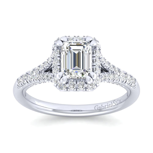 14K White Gold Halo Emerald Cut Diamond Engagement Ring