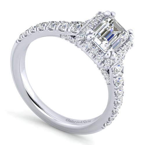 14K White Gold Halo Emerald Cut Diamond Engagement Ring