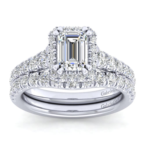14K White Gold Halo Emerald Cut Diamond Engagement Ring