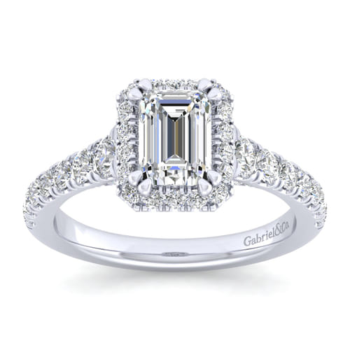 14K White Gold Halo Emerald Cut Diamond Engagement Ring
