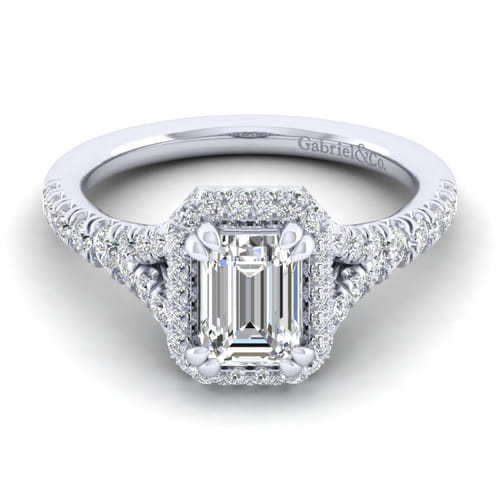 14K White Gold Halo Emerald Cut Diamond Engagement Ring