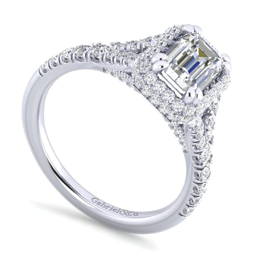 14K White Gold Halo Emerald Cut Diamond Engagement Ring