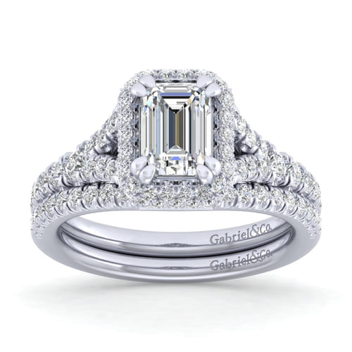 14K White Gold Halo Emerald Cut Diamond Engagement Ring