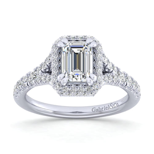 14K White Gold Halo Emerald Cut Diamond Engagement Ring