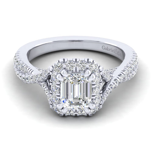 14K White Gold Halo Emerald Cut Diamond Engagement Ring