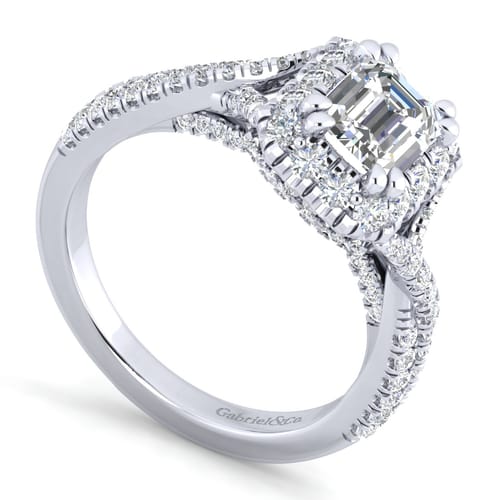 14K White Gold Halo Emerald Cut Diamond Engagement Ring