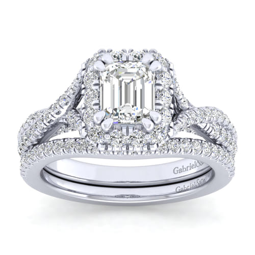 14K White Gold Halo Emerald Cut Diamond Engagement Ring