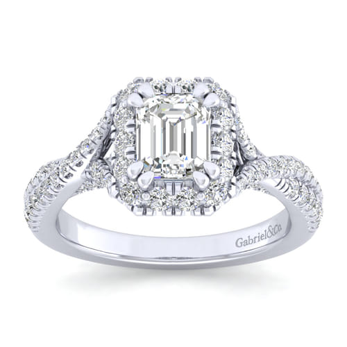 14K White Gold Halo Emerald Cut Diamond Engagement Ring