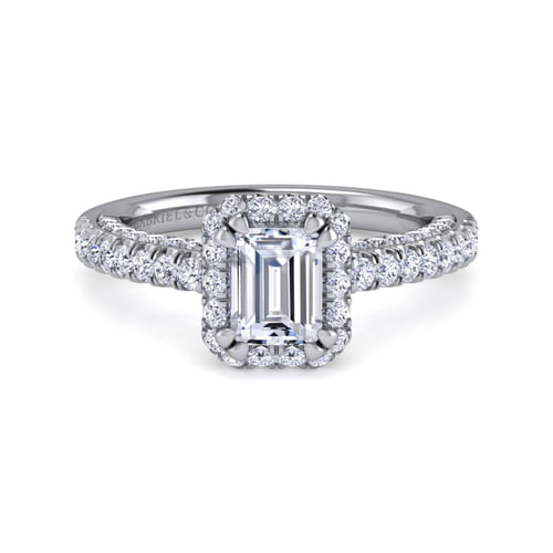 14K White Gold Halo Emerald Cut Diamond Engagement Ring
