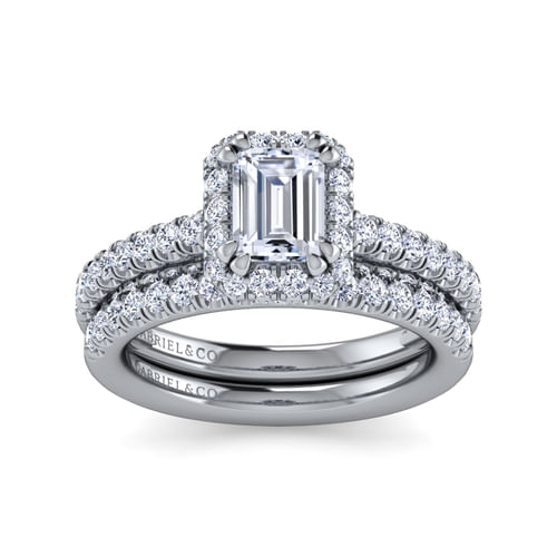 14K White Gold Halo Emerald Cut Diamond Engagement Ring