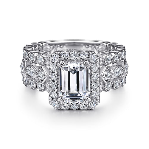 14K White Gold Halo Emerald Cut Diamond Engagement Ring