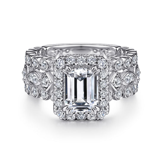 Gabriel - 14K White Gold Halo Emerald Cut Diamond Engagement Ring