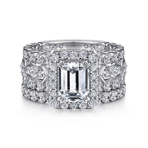 14K White Gold Halo Emerald Cut Diamond Engagement Ring