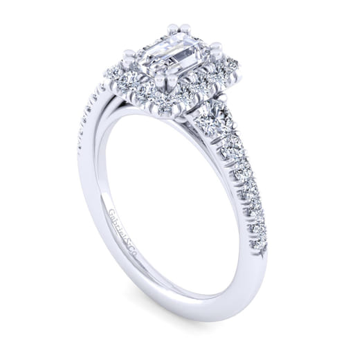 14K White Gold Halo Emerald Cut Diamond Engagement Ring